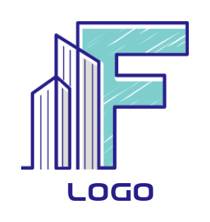 Design a Letter F logo with line art buildings