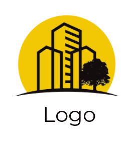 make a construction logo line art building with tree and swoosh