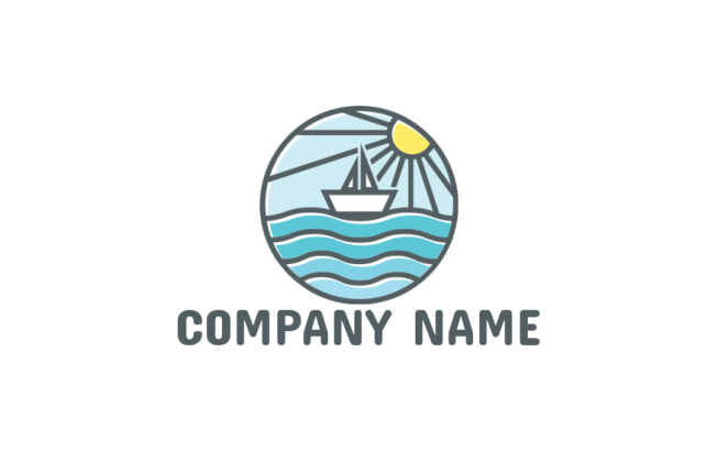 create a travel logo icon line art sailing ship in sea with sun 