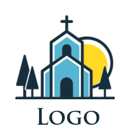 make a religious logo line style church house with sun and trees - logodesign.net