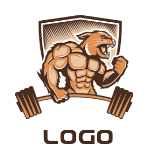 design a fitness logo lion muscle man gym mascot with dumbbell in shield