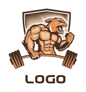 lion muscle man gym mascot with dumbell in shield