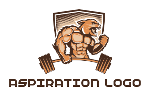 design a fitness logo lion muscle man gym mascot with dumbbell in shield