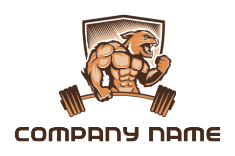 design a fitness logo lion muscle man gym mascot with dumbbell in shield