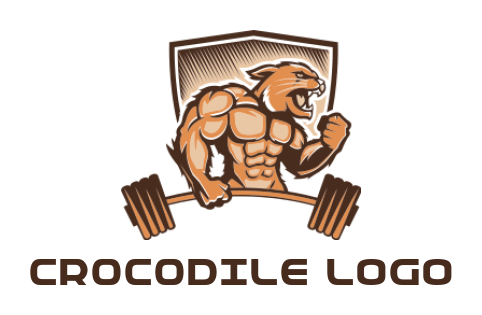 design a fitness logo lion muscle man gym mascot with dumbbell in shield