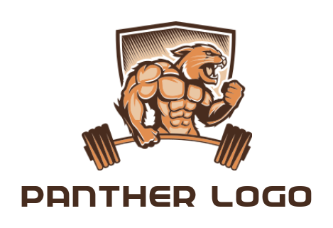 design a fitness logo lion muscle man gym mascot with dumbbell in shield