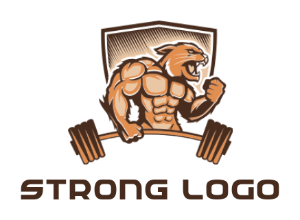 design a fitness logo lion muscle man gym mascot with dumbbell in shield