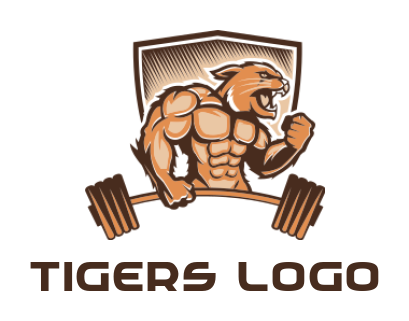 design a fitness logo lion muscle man gym mascot with dumbbell in shield