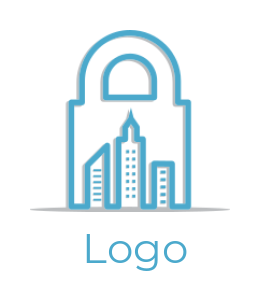 create a security logo lock buildings line art