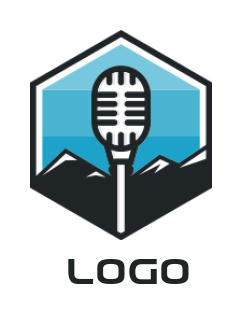 media logo microphone front mountains in hexagon