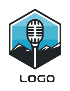 media logo microphone front mountains in hexagon