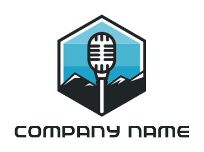 media logo microphone front mountains in hexagon