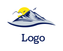 create a travel logo mountain & river in front of sun & cloud