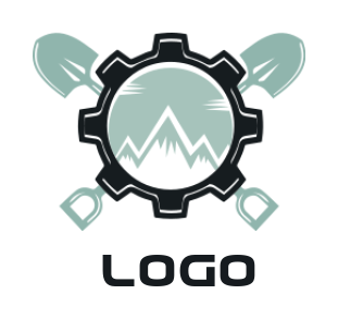 home improvement logo template mountain inside gear and crossed shovel