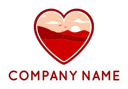design a dating logo mountain scape in heart with sun and clouds