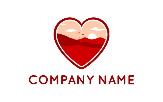 design a dating logo mountain scape in heart with sun and clouds