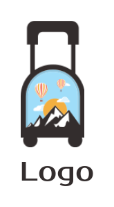 mountain with sun and air balloon inside luggage 