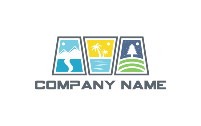 travel logo illustration mountains palm trees and tree - logodesign.net