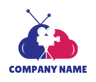 advertising logo maker movie camera in front of cloud with antenna for broadcast