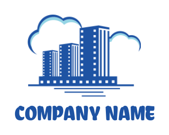 Media logo movie reel buildings in clouds