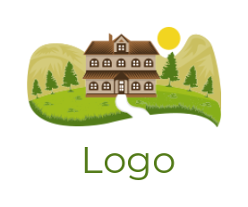 real estate logo illustration house with mountains and the sun 