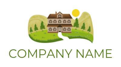 real estate logo house with mountains and sun