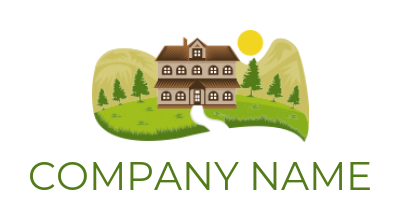 real estate logo house with mountains and sun