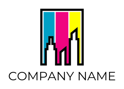 design a  printing logo negative space buildings against colorful banner 