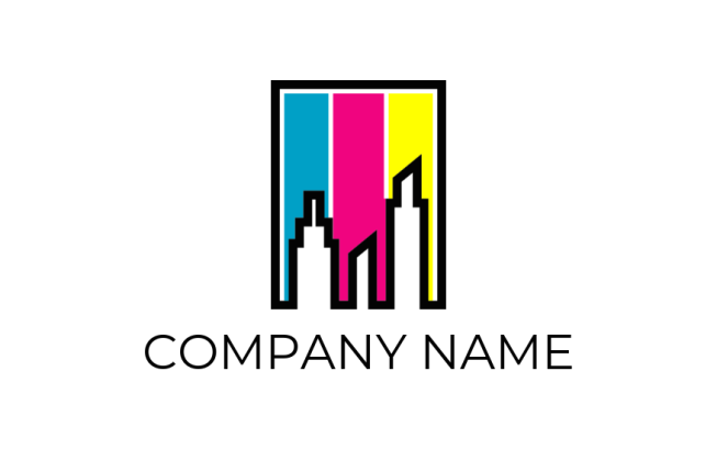 design a  printing logo negative space buildings against colorful banner 