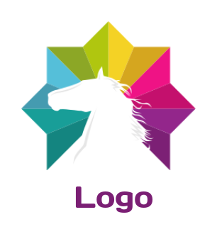 negative space horse head in colorful eight sided star icon