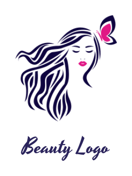 beauty logo woman face in long hair with butterfly