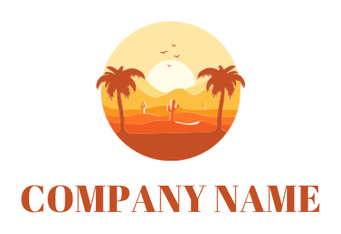 travel logo online palm tree and cactus in desert with sun and birds 