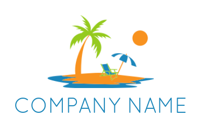 travel logo illustration palm tree on island with sun umbrella and chair 