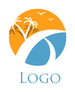 Travel logo palm trees swoosh waves circle