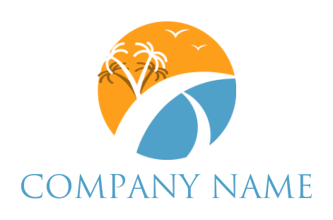 Travel logo palm trees swoosh waves circle