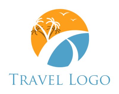 Travel logo palm trees swoosh waves circle