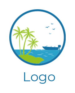 travel logo template palm trees with sea boat in line circle