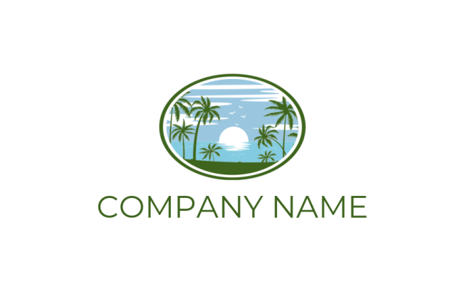 palm trees with sunset in sea logo design