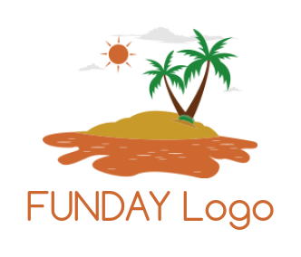 design a travel logo palms trees on island with sun and cloud 
