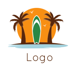 travel logo of palms trees with surfboard sun