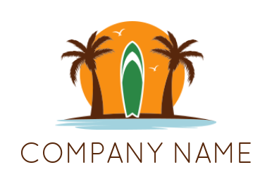 travel logo of palms trees with surfboard sun
