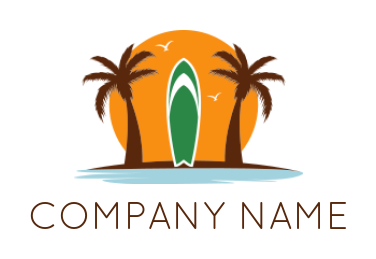 Make a travel logo of palms trees with surfboard and sun 