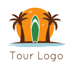 Make a logo of palms trees with surfboard and sun 
