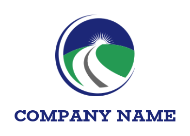 landscape logo icon path going to sun with circle and swoosh