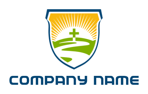 make a religious logo path inside shield with cross and sun 