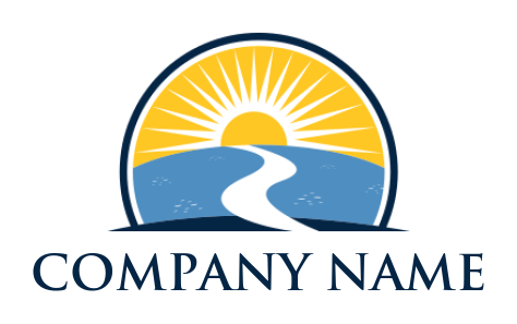 design a landscape logo path leading to sunrise in semi circle 