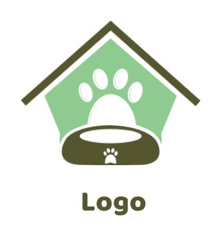 pet logo of paw in dog house with dog food pot