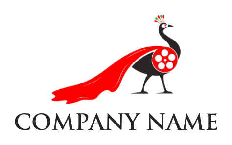 design a pet logo peacock wearing movie reel wheel cape 