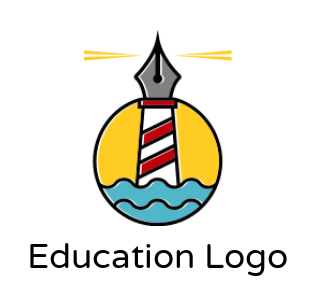 design an education logo pen combined with lighthouse on waves in circle