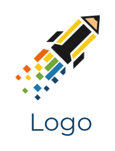 education logo pencil forming rocket with pixels